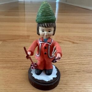 Anri Girl or Boy Skier Wood Figurine Italy 5"H